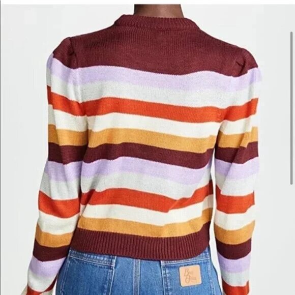 WAYF Striped Puff Sleeve Crew Neck Sweater Plum Lilac Red Orange Light Grey - Picture 2 of 6
